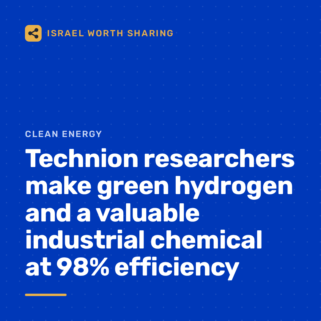 Technion researchers make green hydrogen and a valuable industrial chemical at 98% efficiency